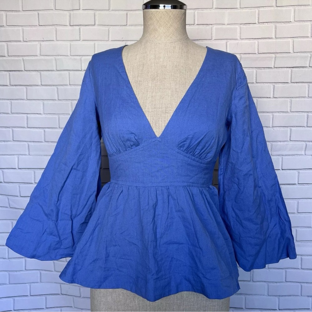 NWT Free People Chasing The Sun Linen Tie Back Top XS Cornflower Blue